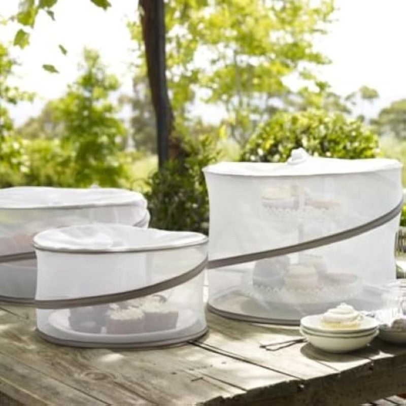 Set of 3 Pop Up Food Covers with fine mesh, protecting food from insects while allowing visibility, ideal for indoor/outdoor use.
