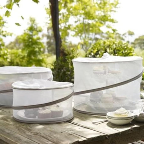 Set of 3 Pop Up Food Covers with fine mesh, protecting food from insects while allowing visibility, ideal for indoor/outdoor use.
