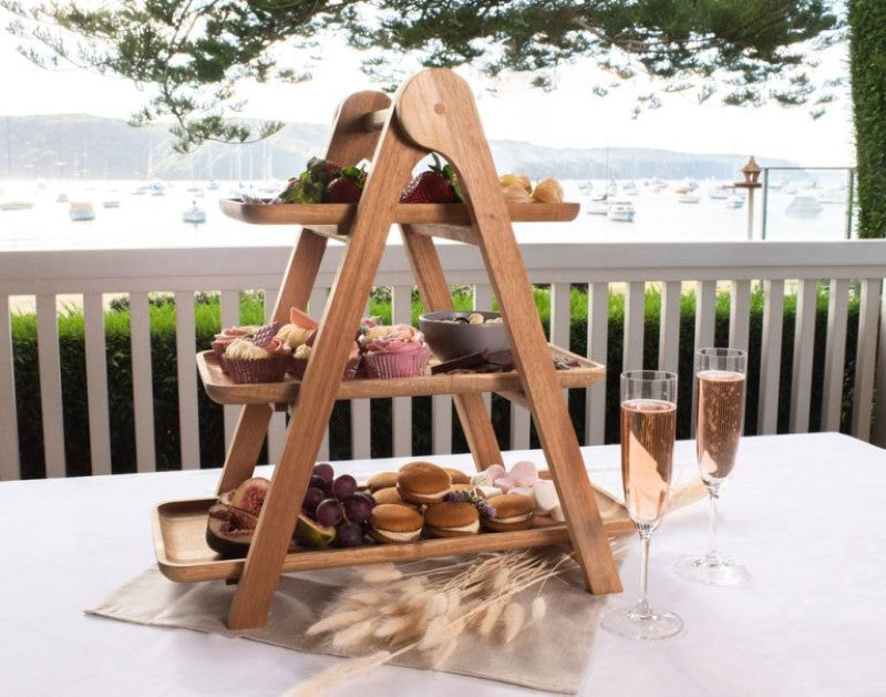 3 Tiered Serving Ladder in acacia wood, perfect for showcasing cheese, charcuterie, and desserts at any event.