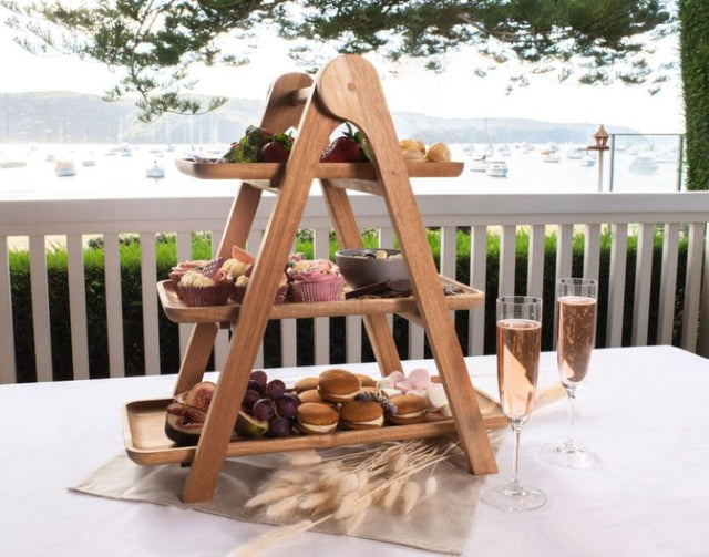 3 Tiered Serving Ladder in acacia wood, perfect for showcasing cheese, charcuterie, and desserts at any event.