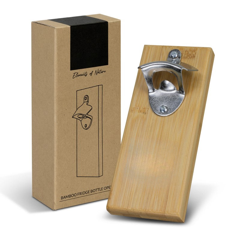 Magnetic fridge bottle opener with cap catcher, durable iron, and bamboo backing for stylish kitchen convenience.