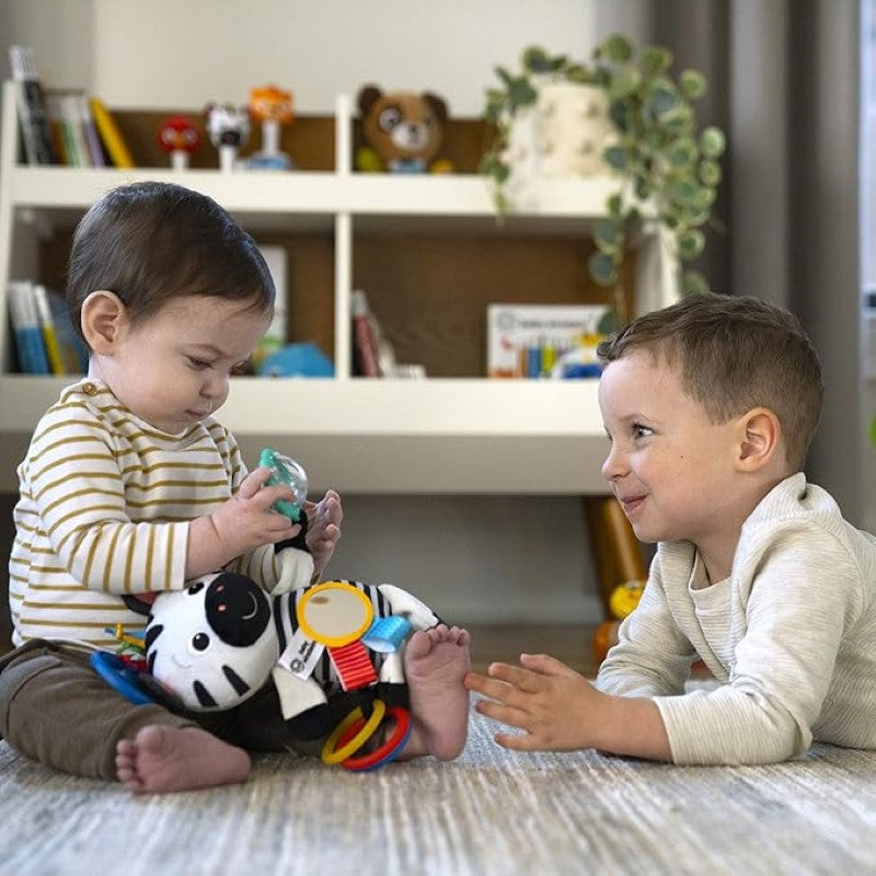 Plush sensory zebra toy for babies with high-contrast designs, crinkle sounds, and a mirror for cognitive development.