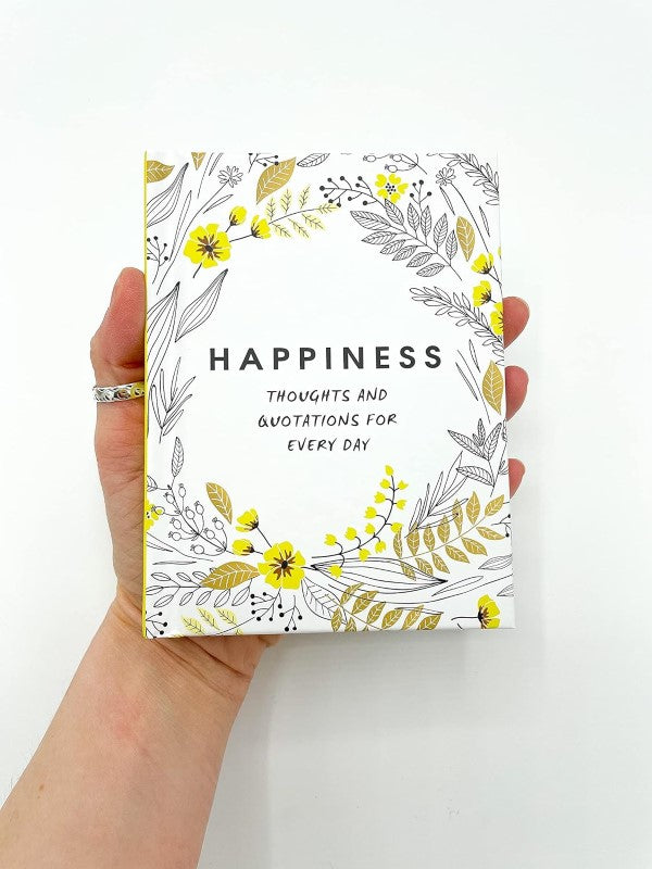 Pocket-sized book 'Happiness' featuring inspiring quotes for daily positivity and personal growth.