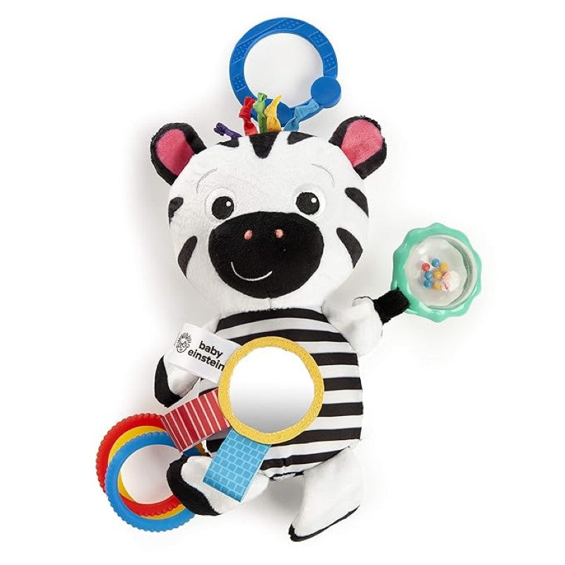 Vibrant black-and-white zebra plush toy with sensory features to engage baby's sight and touch for cognitive development.