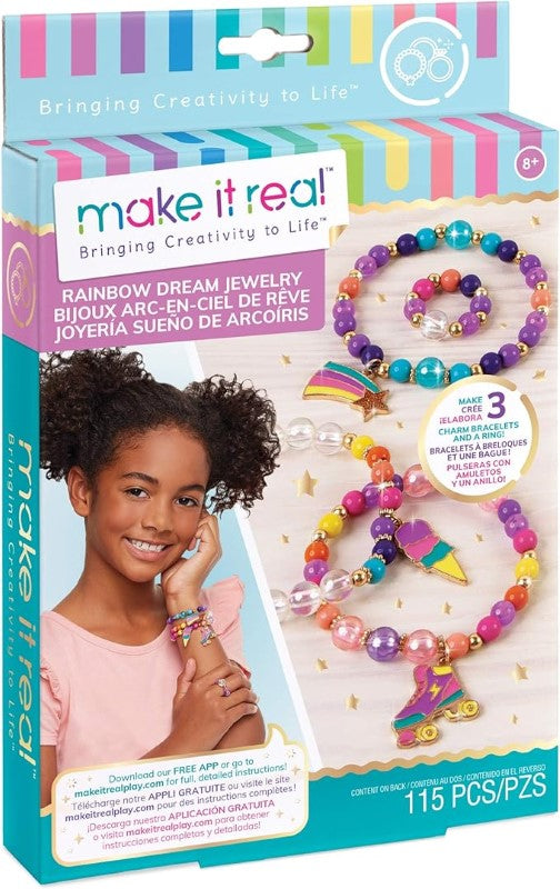 Colorful charm bracelet making kit with beads, charms, and instructions, perfect for creative young girls and tweens.