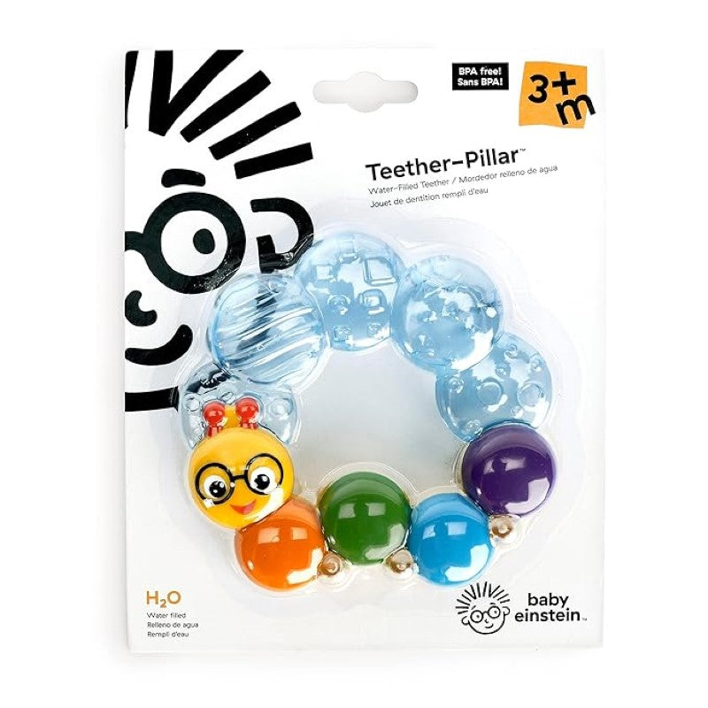 Caterpillar-shaped water-filled teether for soothing baby's gums, with tactile surfaces for engagement and easy grip.
