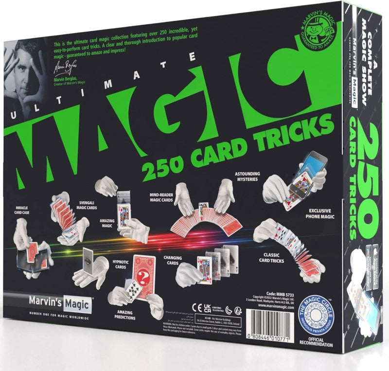 A collection of "Ultimate 250 Card Tricks" with playing cards and magical props for learning and performing card magic.