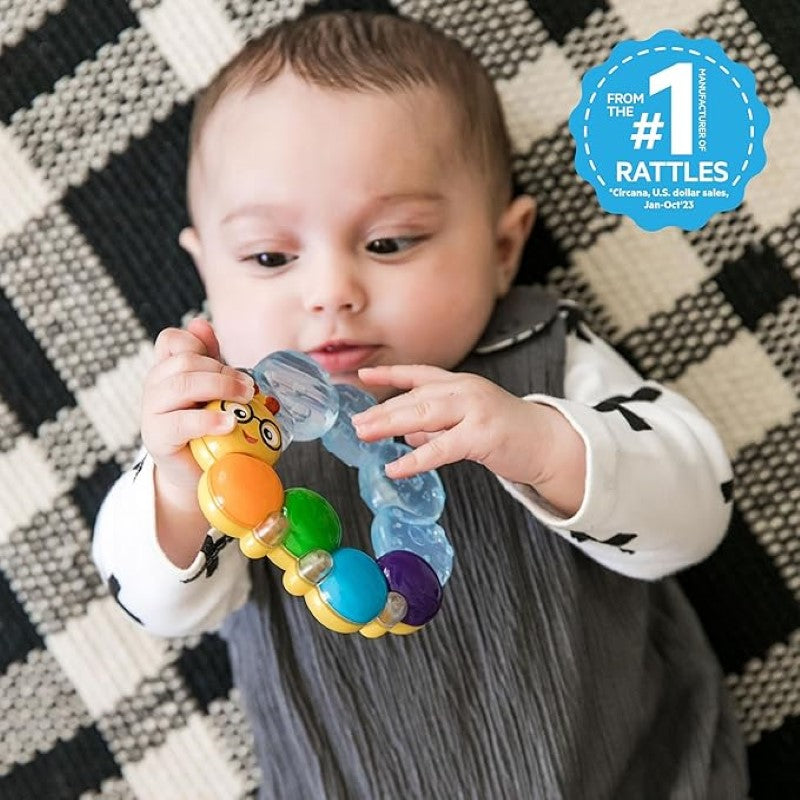 Colorful caterpillar-shaped teether filled with water, designed for soothing baby’s gums and easy to grip for little hands.