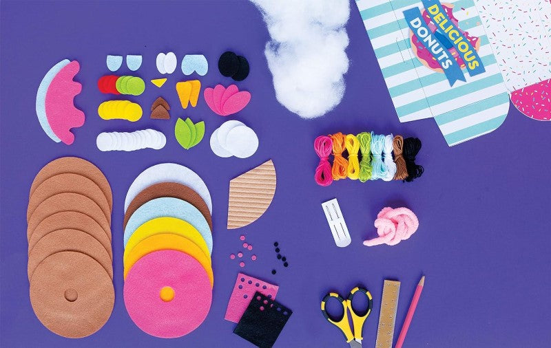 Craft Plush Making Kit featuring colorful felt pieces to create adorable donut-shaped animal plushies.