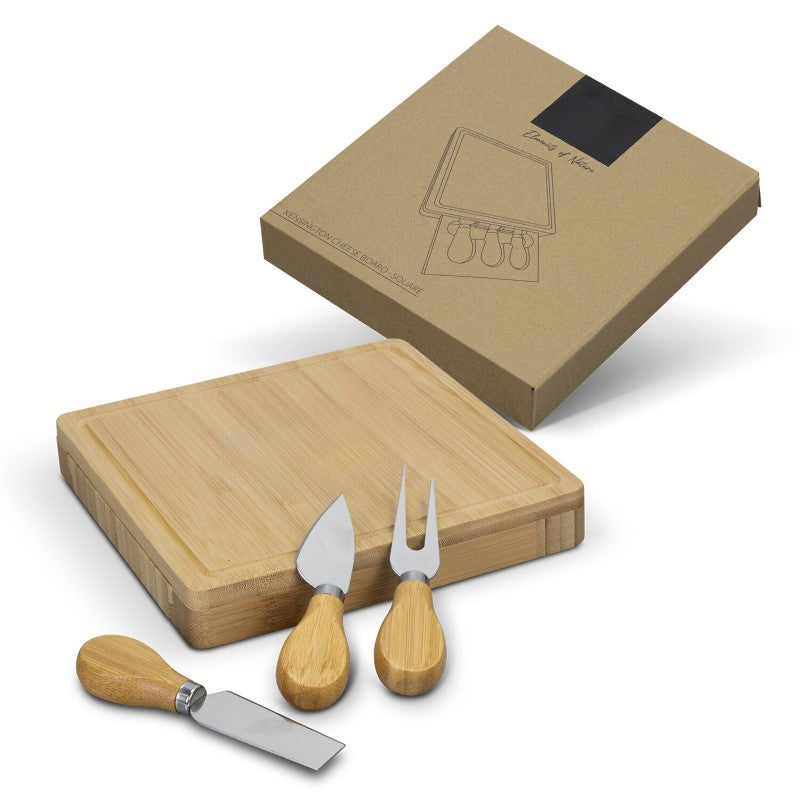 Elegant square bamboo cheese board with slide-out drawer and 3 essential cheese tools for serving and entertaining.