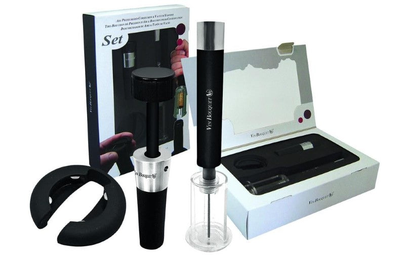 Air Corkscrew Set featuring a corkscrew, foil cutter, and vacuum stopper for effortless wine opening and preservation.