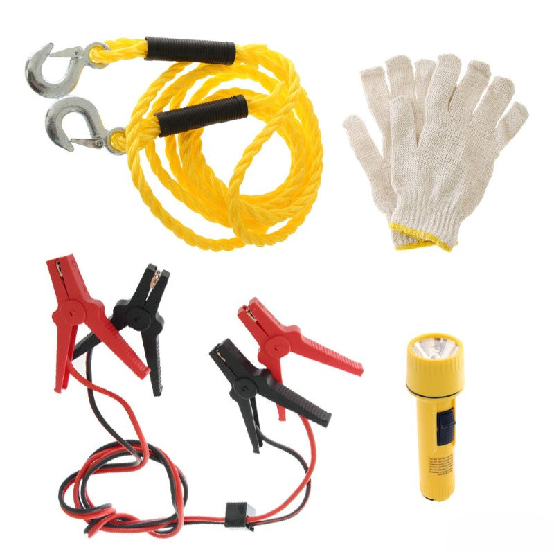 Compact Roadside Emergency Breakdown Kit with jumper leads, tow rope, gloves, and torch for vehicle emergencies.