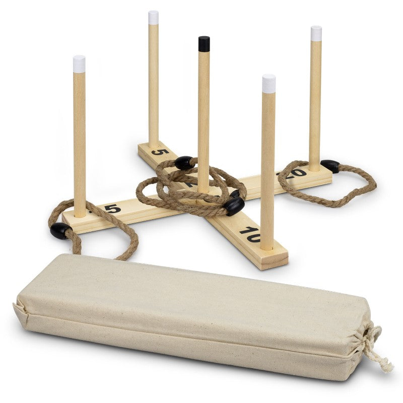 "Rustic Ring Toss Game set with 6 hemp rope rings, 5 wooden pegs, and a stylish drawstring bag for fun gatherings."