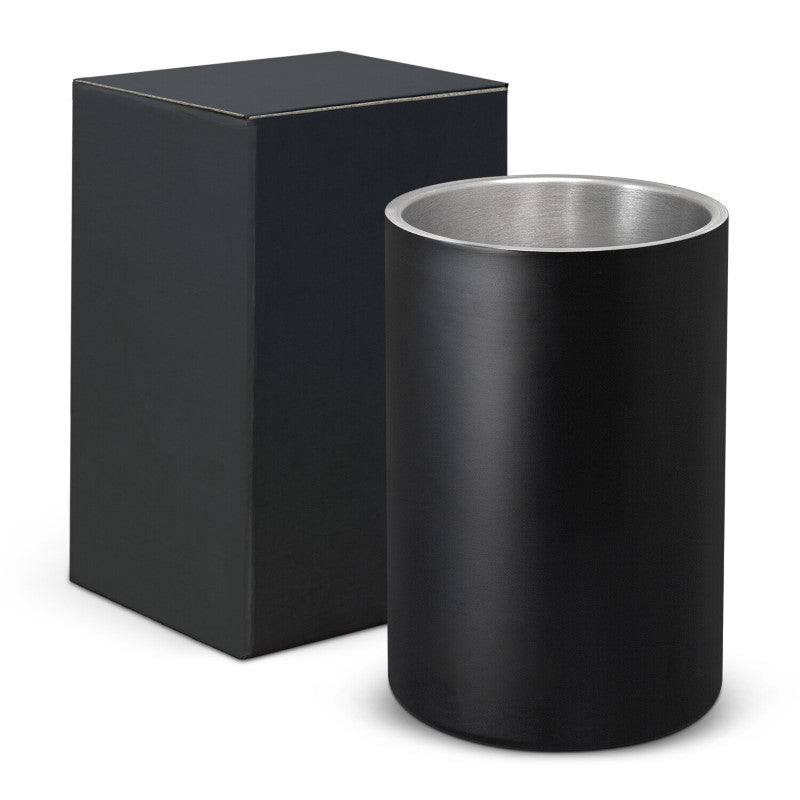 Double wall stainless steel wine cooler with vacuum insulation, elegantly designed for optimal wine temperature and gifting.