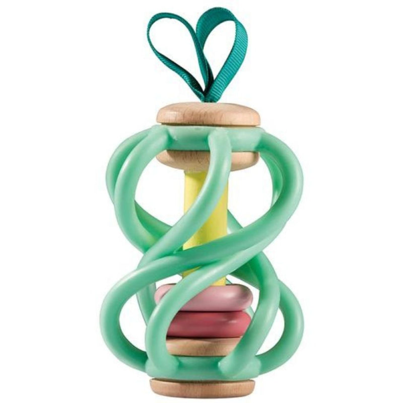 Colorful apple-shaped rattle toy with soft silicone bars for teething, promotes sensory engagement and motor skill development.