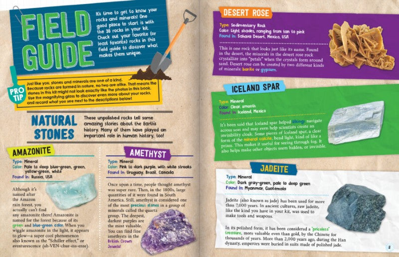 Colorful rocks, geodes, and educational tools for young geologists to explore earth science and creativity through hands-on activities.