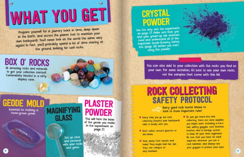 Colorful Rocks, Gems & Geodes Kit with tools for hands-on geology experiments and creative learning.
