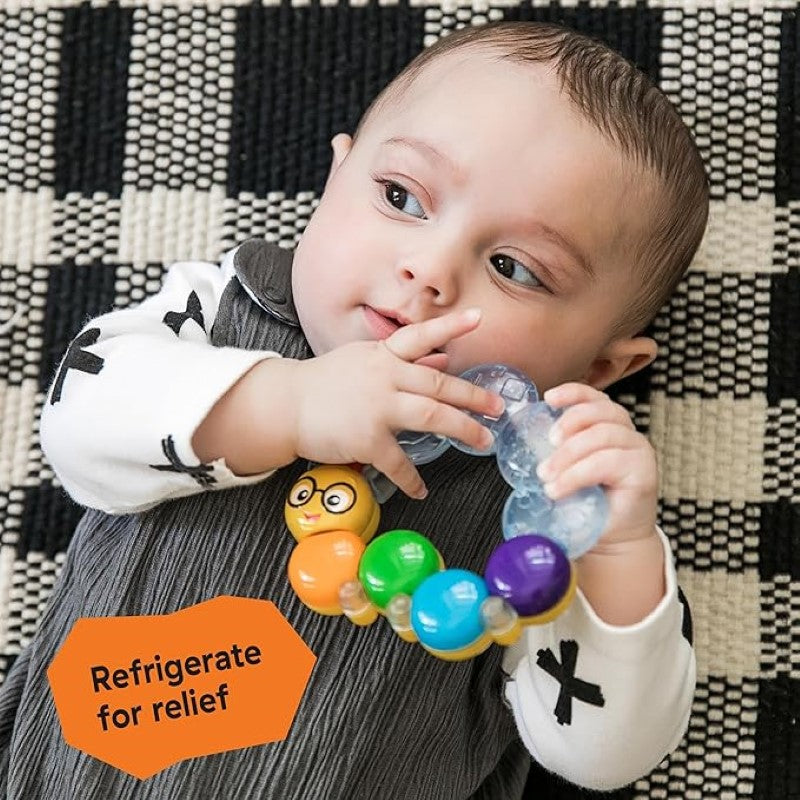 Caterpillar-shaped Baby Einstein teether filled with water, providing relief and engaging surfaces for growing babies.