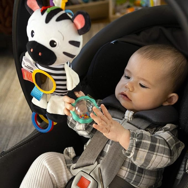 Plush sensory zebra toy with high-contrast designs, crinkle sounds, and a mirror for infant cognitive development and engagement.