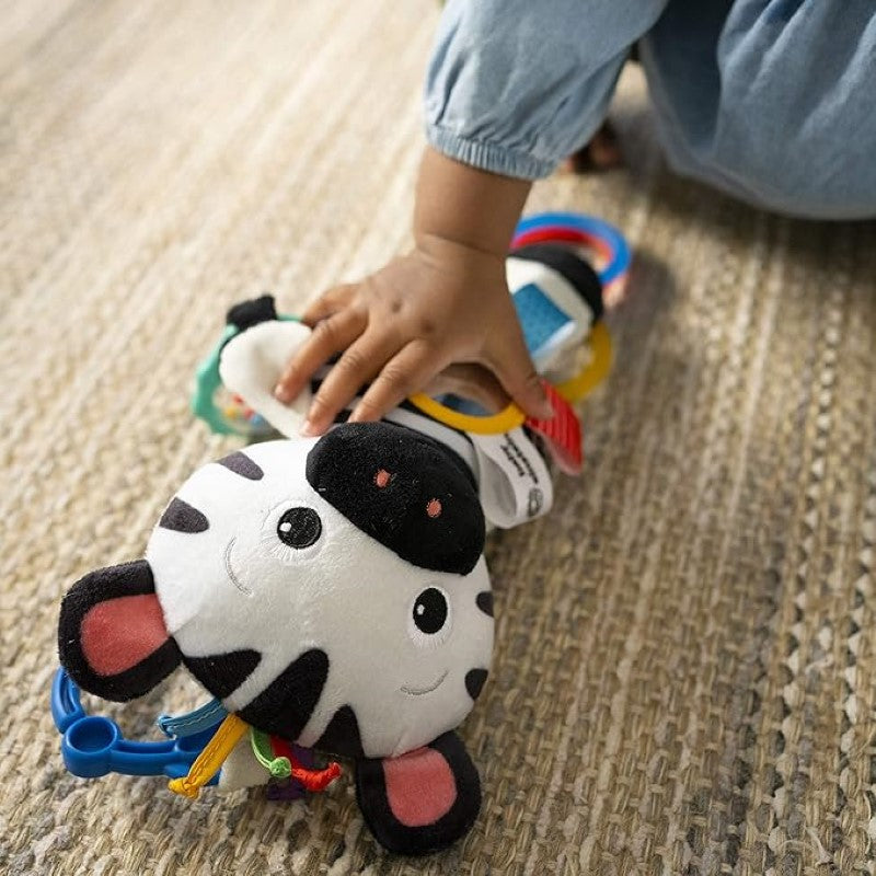 Vibrant black-and-white plush zebra toy with crinkle sounds, mirror, and textures for sensory exploration in babies.
