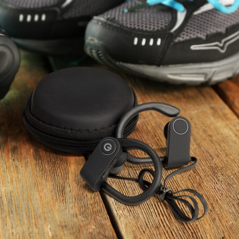 Wireless sport earbuds with ear hooks, designed for active use, featuring fingertip controls and 10-hour battery life.