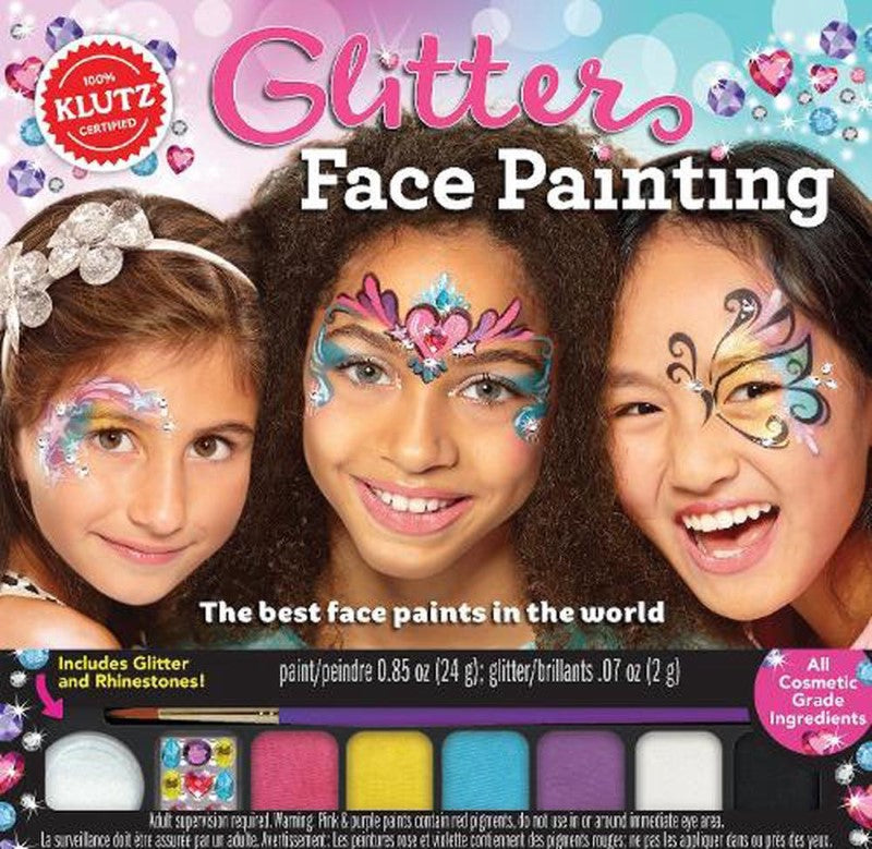 Glitter Face Paint Kit featuring 6 vibrant paints, instructional book, brush, sponge, glitter, and rhinestones for creative fun.