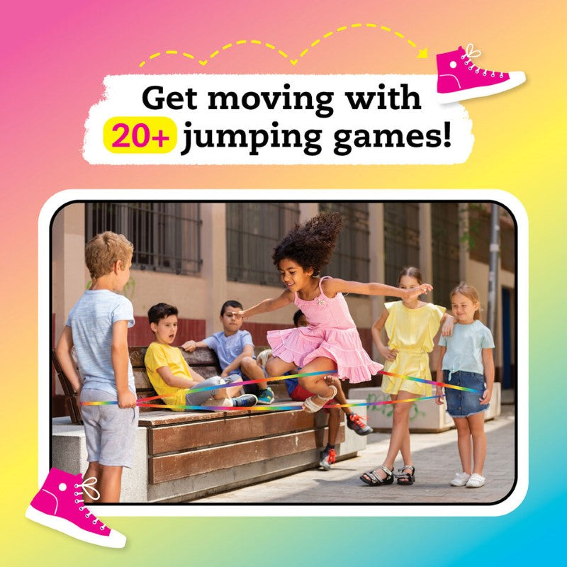 Colorful Elastic Jumping Games for kids, featuring a stretchy rope and guide, perfect for outdoor family fun and active play.