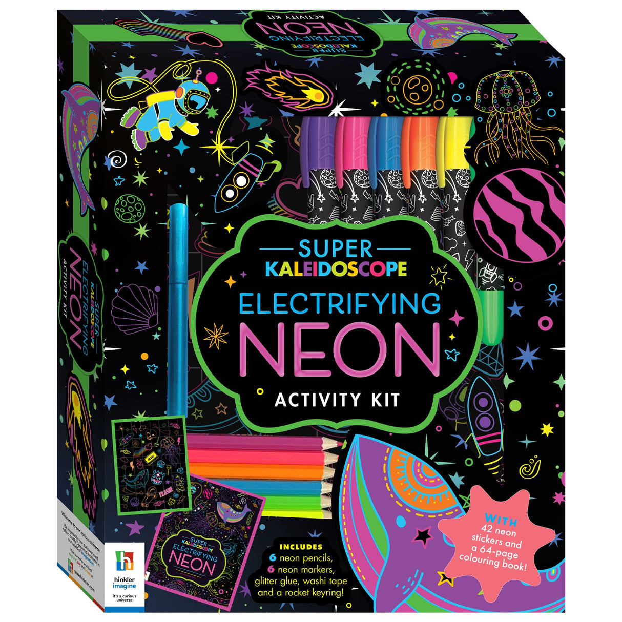 Bright neon art supplies and a coloring book for kids, including stickers, glitter glue, and a rocket keyring.