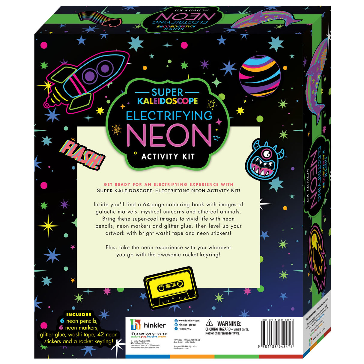 Vibrant Super Kaleidoscope Neon Activity Set with coloring book, neon pencils, markers, stickers, and a rocket keyring.