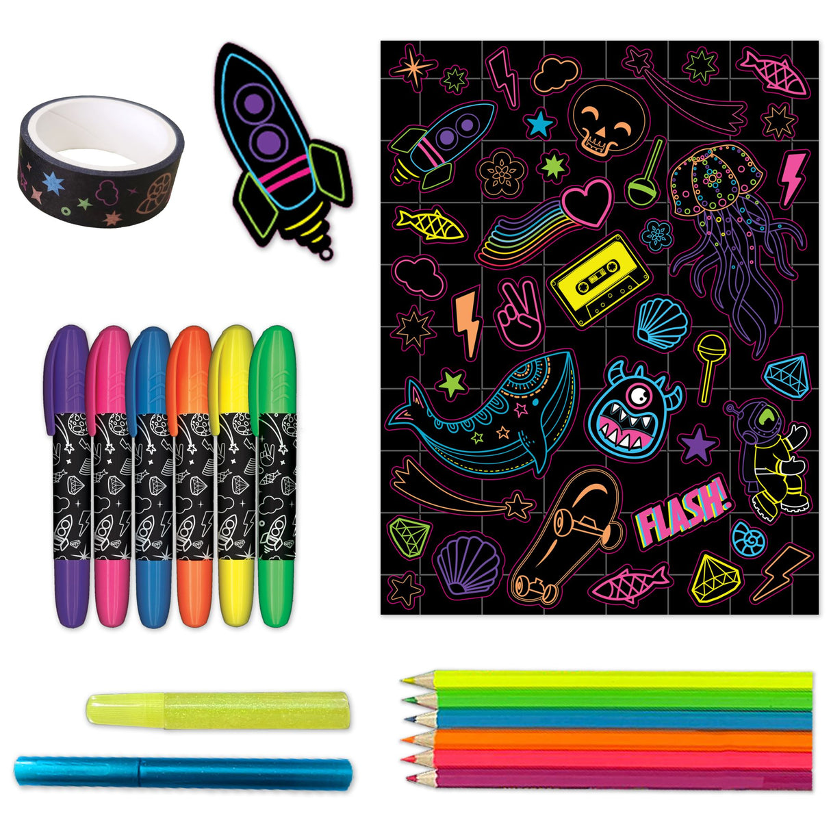 Colorful kaleidoscope activity set with neon pencils, markers, stickers, glitter glue, and rocket keyring for creative fun.