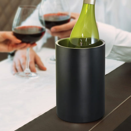 Elegant double wall stainless steel wine cooler with vacuum insulation for optimal temperature, presented in a black gift box.