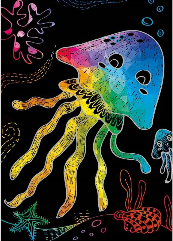 Scratch Book Under the Sea featuring 15 scratch art pages with ocean themes and a scratching tool for vibrant color reveals.