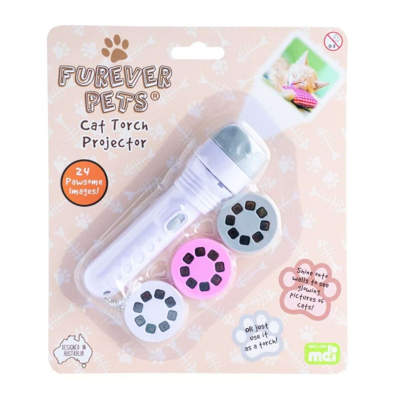 Versatile white and grey projector torch displaying adorable cat images, ideal for cozy settings and cat lovers.