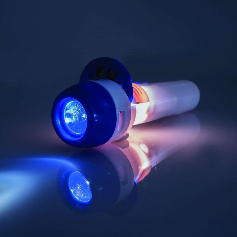 "Compact projector torch showing stunning space images, ideal for creating a cosmic ambiance at home or on the go."