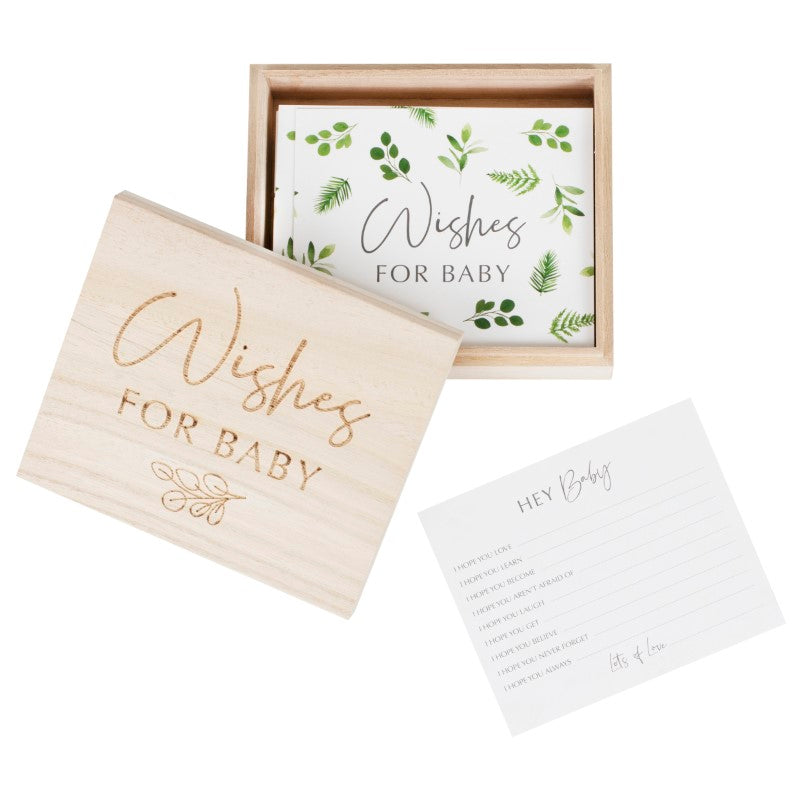 A charming Baby Shower Wishes set with 50 advice cards and an elegant wooden box for lasting memories and heartfelt messages.