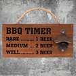 Stylish BBQ Timer Cap Bottle Opener in natural wood, featuring 'Open Here' design, perfect for beer lovers and home bars.