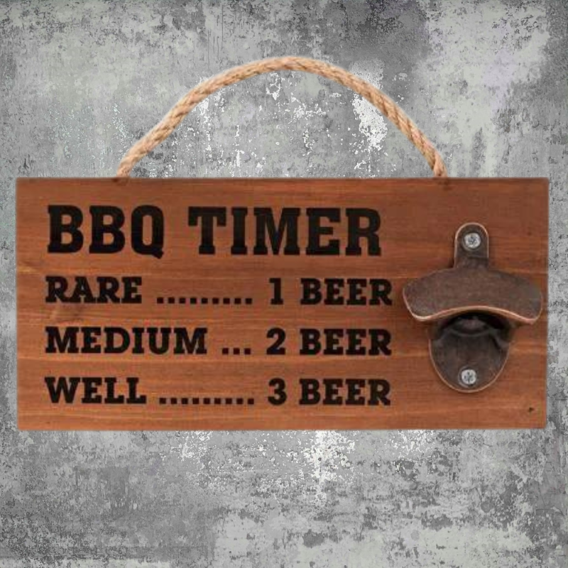 Stylish BBQ Timer Cap Bottle Opener in natural wood, featuring 'Open Here' design, perfect for beer lovers and home bars.