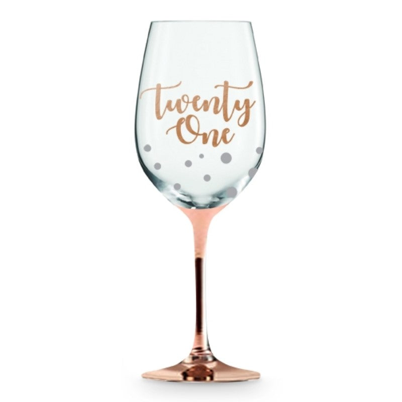 Elegant rose gold stem wine glass with '21 Happy Birthday' script, perfect for celebrating a 21st birthday milestone.