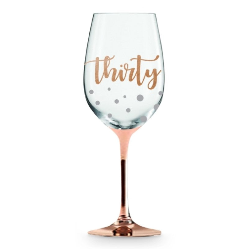Hand-painted rose gold stem wine glass with '30 Happy Birthday' inscription, perfect for celebrating a milestone birthday.
