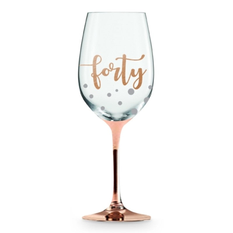 Hand-painted rose gold stem wine glass with "40 Happy Birthday" script, perfect for celebrating a milestone birthday.