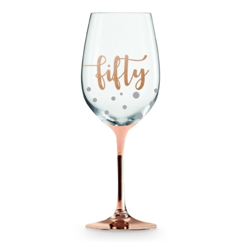 Elegant hand-painted rose gold stem wine glass with "50 Happy Birthday" for celebrating a 50th birthday milestone.