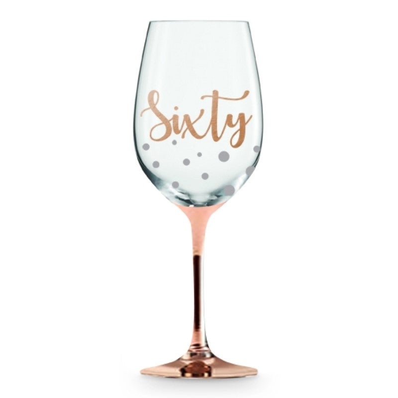 Elegant hand-painted wine glass with a rose gold stem, celebrating 60th birthdays in style, encased in a silk-lined gift box.
