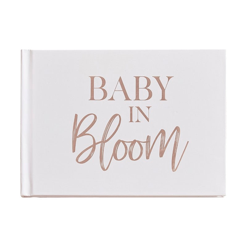 Stylish blush 'Baby in Bloom' guestbook with rose gold foiling for heartfelt messages at baby showers.