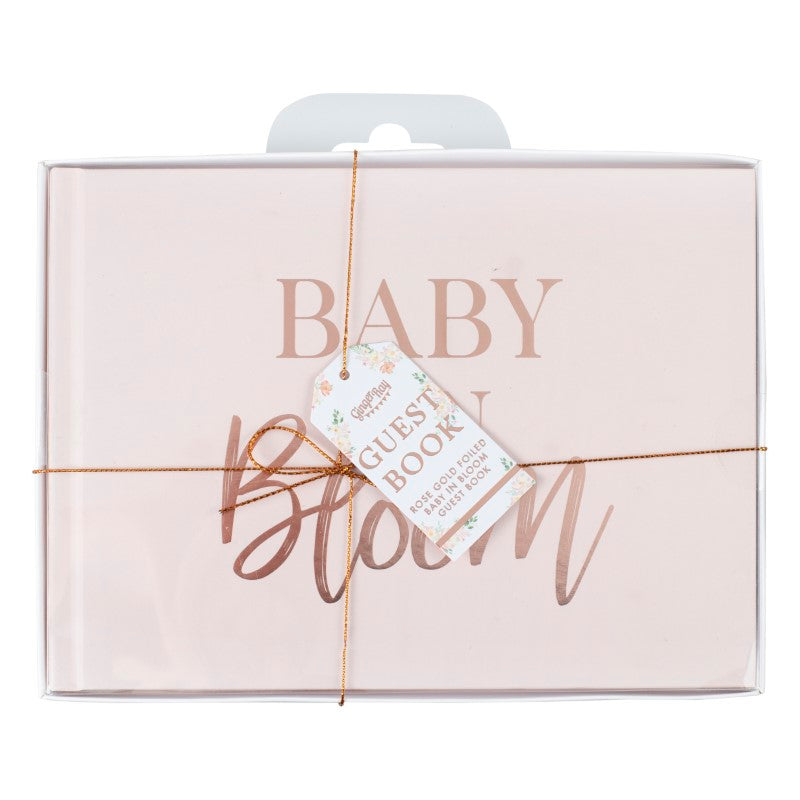 Elegant blush and rose gold 'Baby in Bloom' guestbook for heartfelt messages at baby showers, with 32 pages for cherished memories.