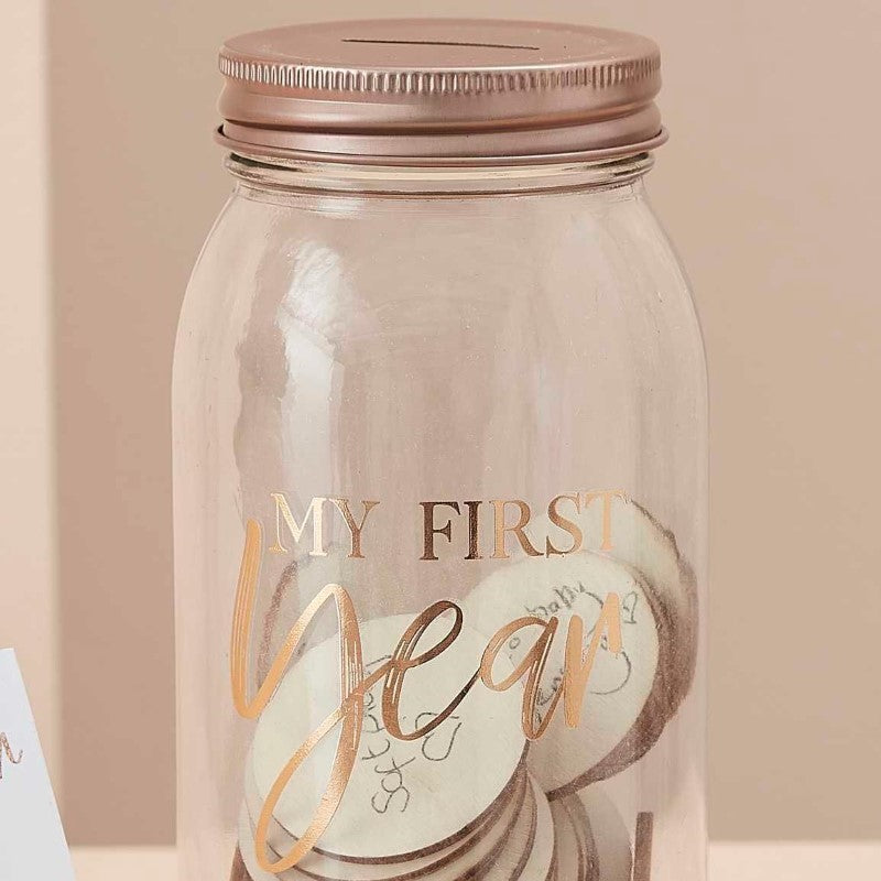 Elegant Baby in Bloom Memory Jar for capturing and cherishing your baby's first experiences, includes 50 customizable tokens.