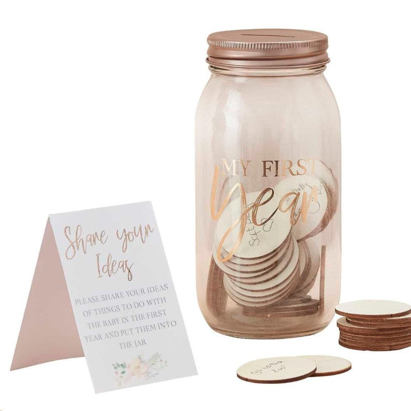 Elegant memory jar with 50 tokens for preserving baby's milestones and cherished moments from the first year.