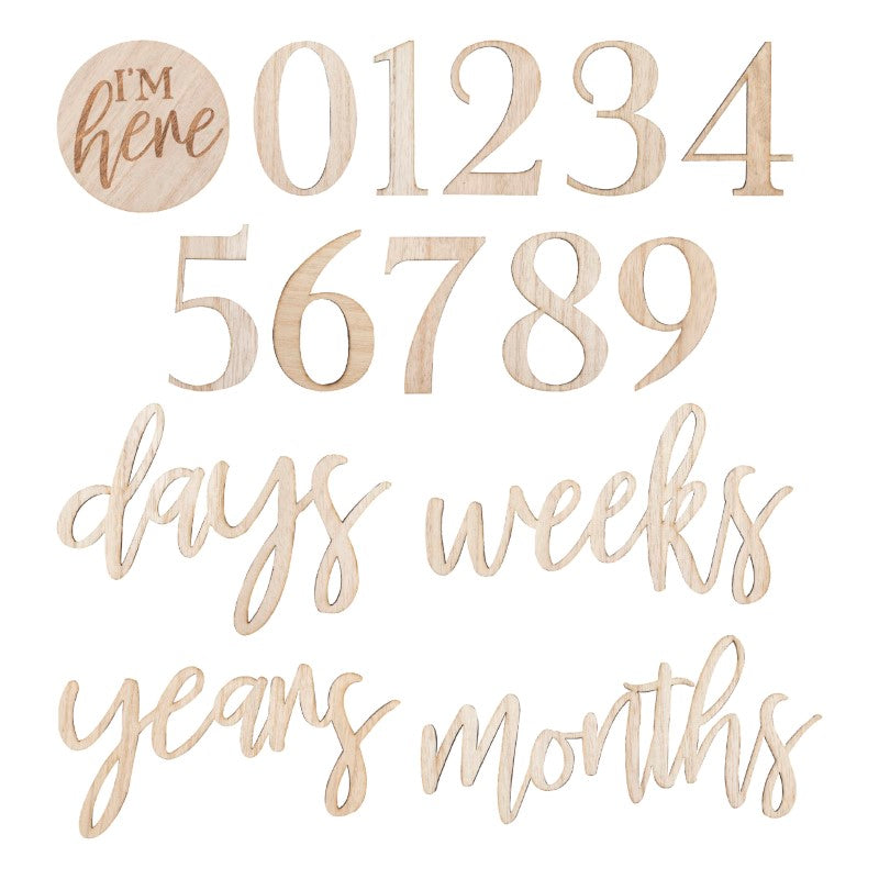 Set of 17 wooden milestone signs for tracking baby's growth from pregnancy to their first year, perfect for photo ops.