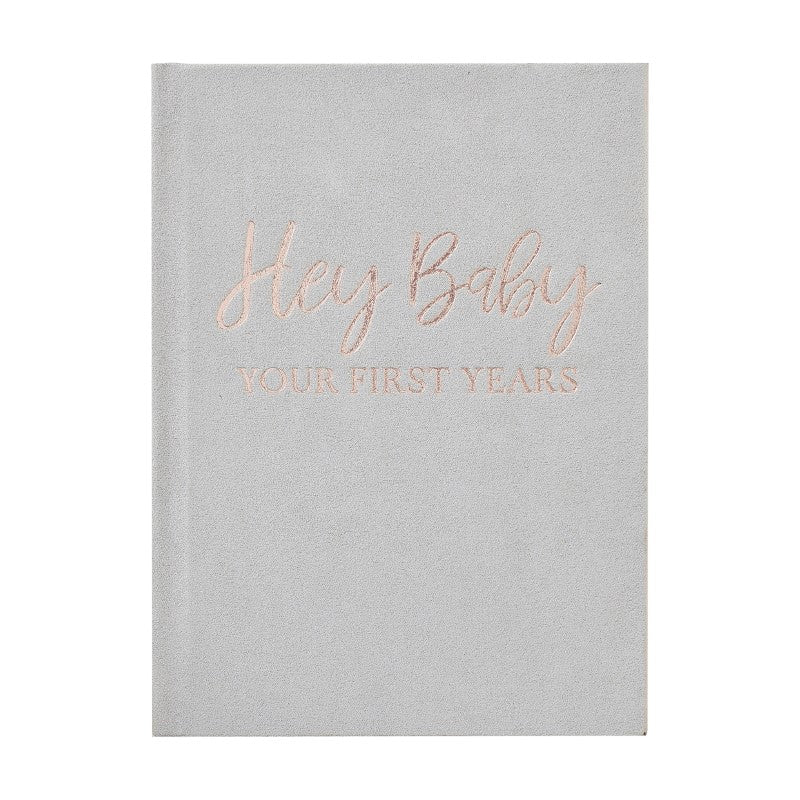 Elegant grey suede Baby Memory Journal Book with rose gold foiling for documenting your baby's first year and milestones.