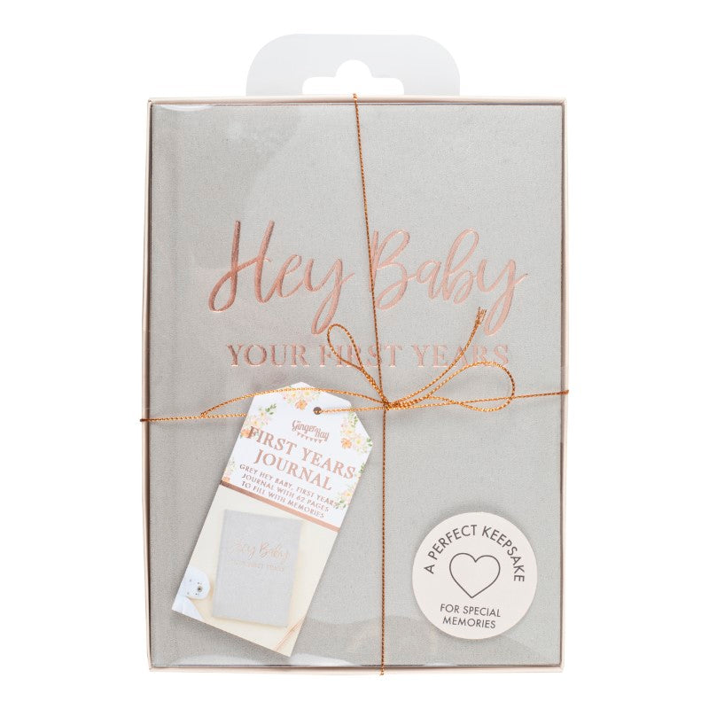 Elegant grey suede Baby Memory Journal Book with rose gold foiling, perfect for documenting your baby's first year.