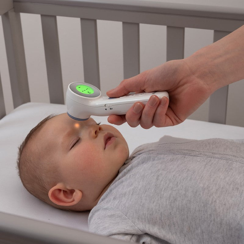 Touchless Forehead Thermometer displaying age-specific temperature readings with a color-coded display for all ages.